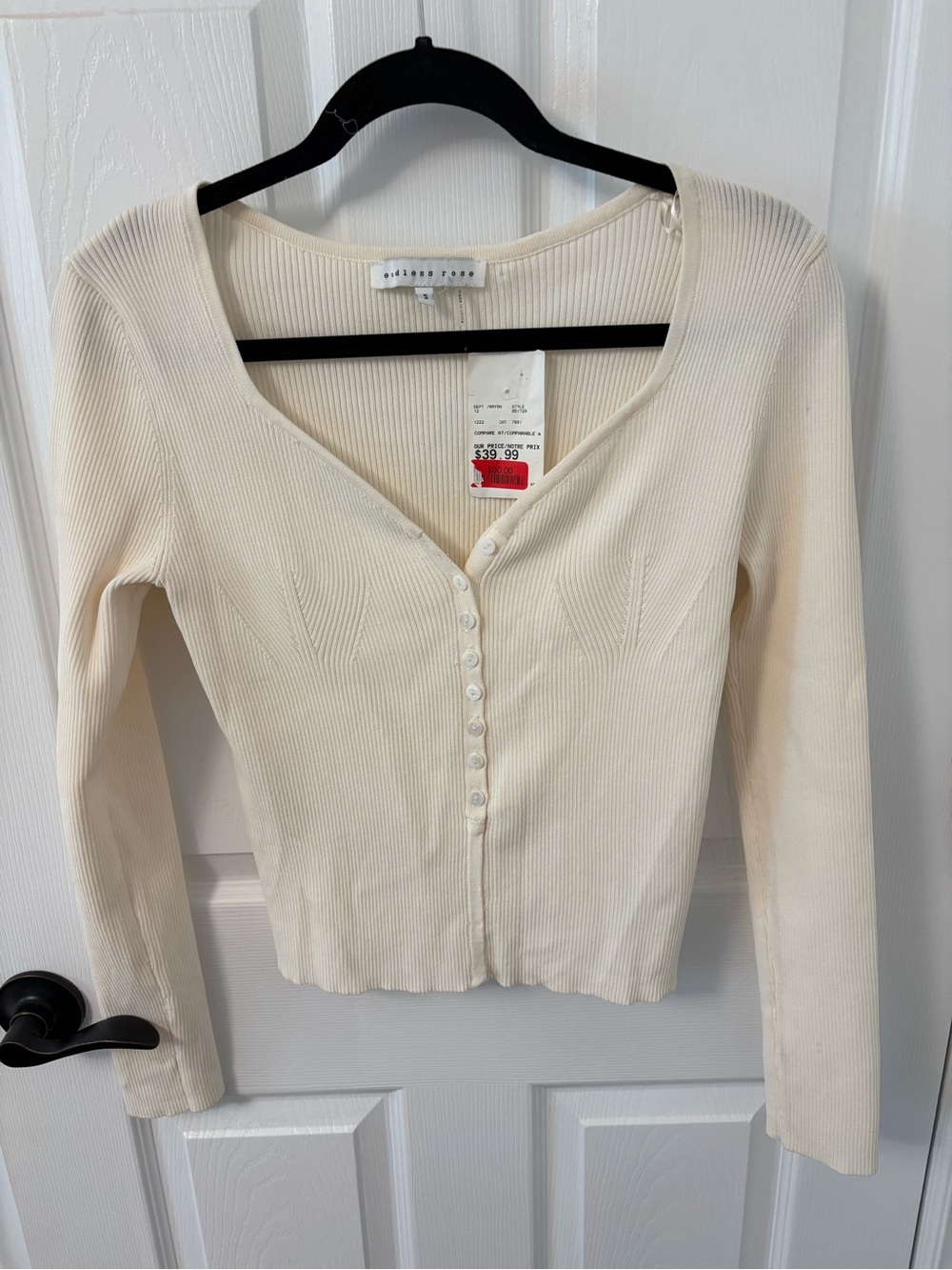 NWT Endless Rose Cream Ribbed Button-Front Long Sleeve Top